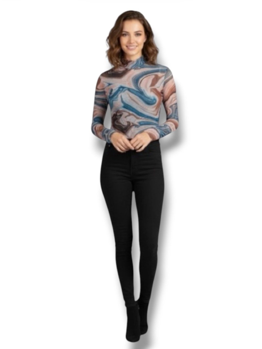 SHEIN Curve Plus 1XL Marble Print Mesh Mock Neck Long Sleeve Bodysuit NWOT 🍭